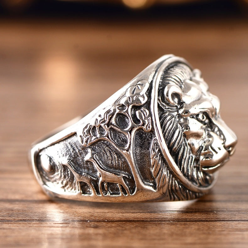 Sterling Silver Lion Head Men Ring Lion King Signet Ring