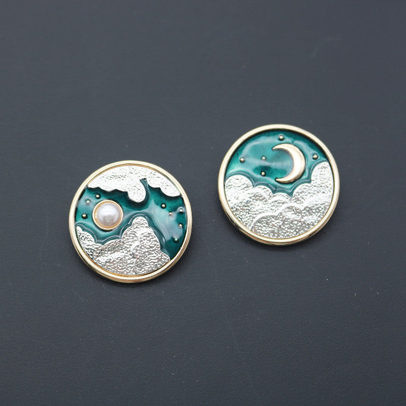 Sun and Moon Brooch Ear Clips Stud Earrings