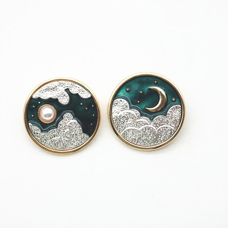 Sun and Moon Brooch Ear Clips Stud Earrings