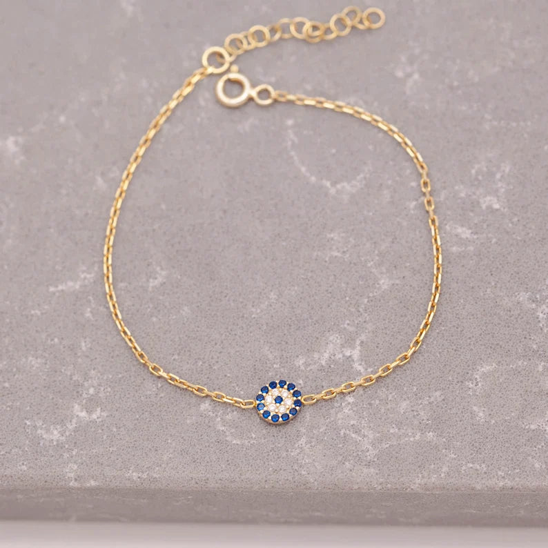 14K Gold Plated Silver Dainty Evil Eye Bracelet Mal de Ojo Bracelet GLAMOUR CHICCASTLE