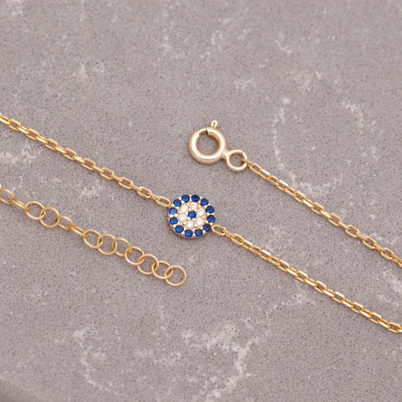 14K Gold Plated Silver Dainty Evil Eye Bracelet Mal de Ojo Bracelet GLAMOUR CHICCASTLE