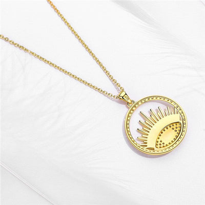 18K Gold Plated Coin Evil Eye Detail Rhinestone Round Charm Necklace GLAMOUR CHICCASTLE