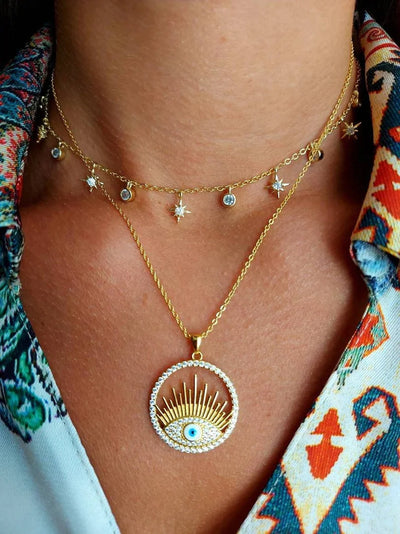 18K Gold Plated Coin Evil Eye Detail Rhinestone Round Charm Necklace GLAMOUR CHICCASTLE