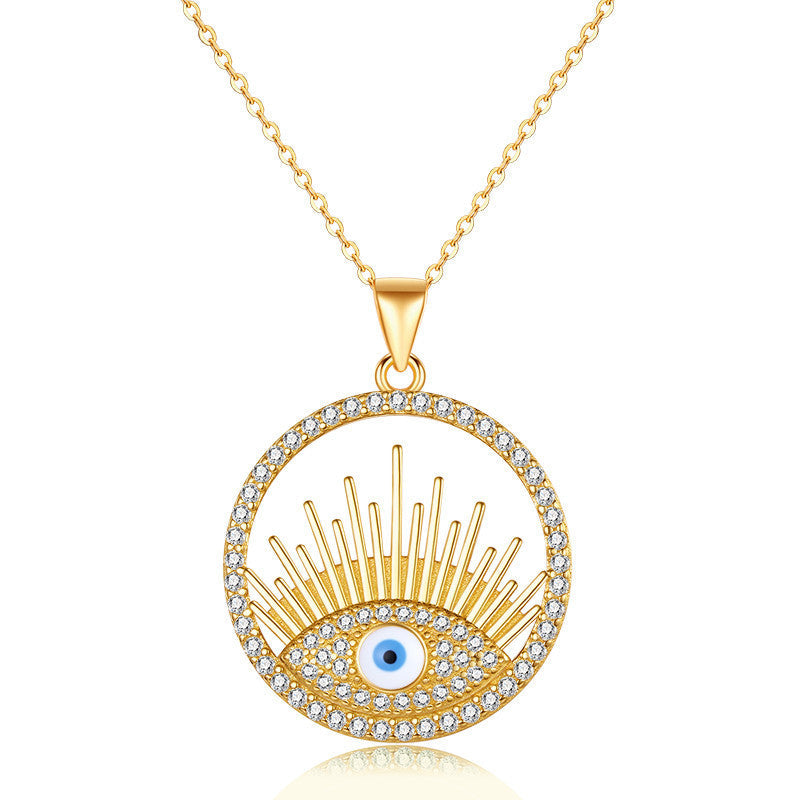 18K Gold Plated Coin Evil Eye Detail Rhinestone Round Charm Necklace GLAMOUR CHICCASTLE