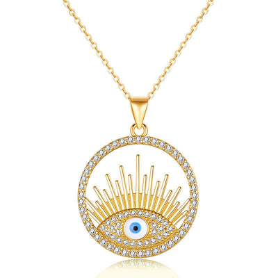 18K Gold Plated Coin Evil Eye Detail Rhinestone Round Charm Necklace GLAMOUR CHICCASTLE