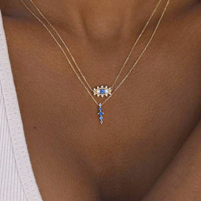 18K Gold Plated Sterling Silver Sapphire Cube Zircon Evil Eye Pendant Necklace GLAMOUR CHICCASTLE