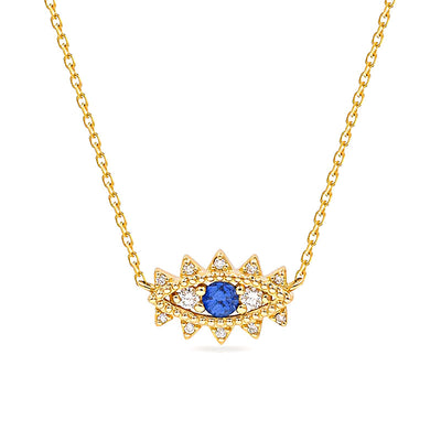 18K Gold Plated Sterling Silver Sapphire Cube Zircon Evil Eye Pendant Necklace GLAMOUR CHICCASTLE