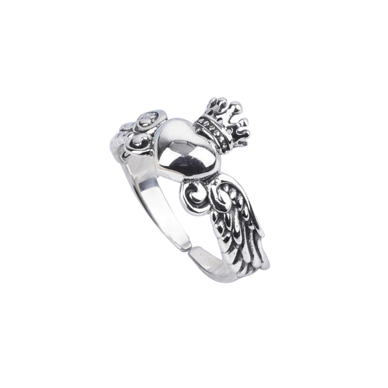 Sterling Silver Heart Crown Ring Heart Wing Band Open Ring