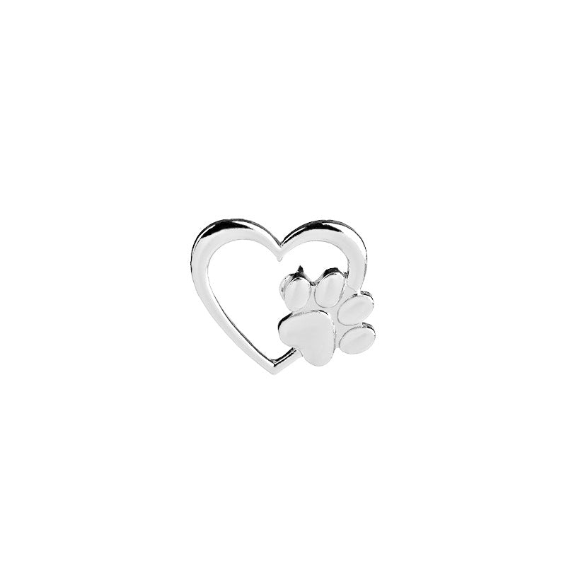 Sterling Silver Dog Paw Heart Brooch Collar Pin