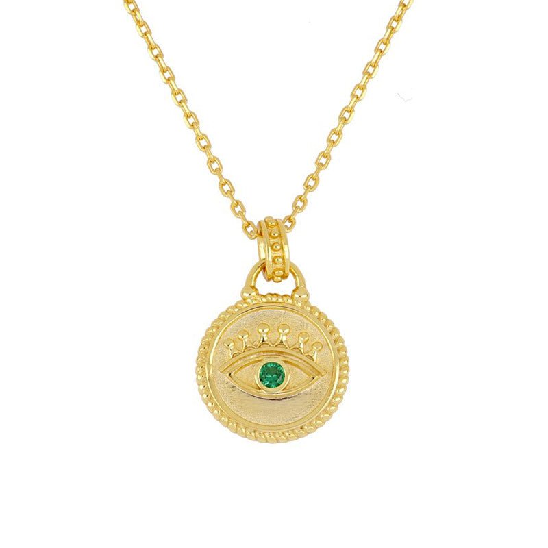 925 Sterling Silver Gold Plated Emerald Green Evil Eye Coin Necklace GLAMOUR CHICCASTLE