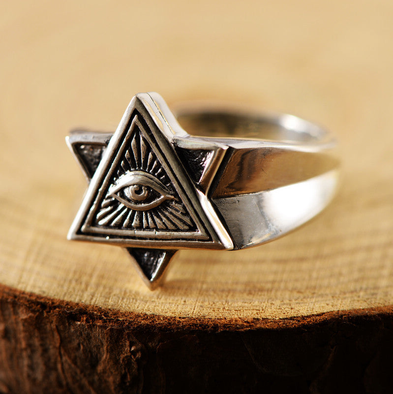 925 Sterling Silver Triangle Pendant Evil Eye Adjust Open Men Rings GLAMOUR CHICCASTLE