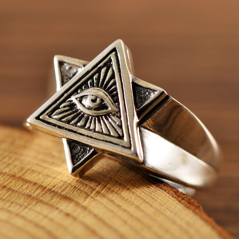 925 Sterling Silver Triangle Pendant Evil Eye Adjust Open Men Rings GLAMOUR CHICCASTLE