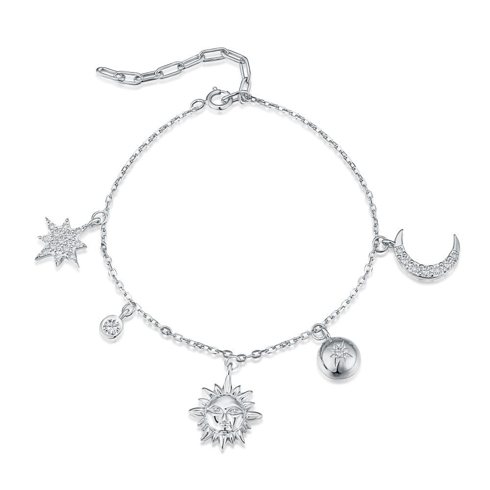 Celestial Charm Bracelet S925 Sterling Silver Star and Moon Bracelet GLAMOUR CHICCASTLE