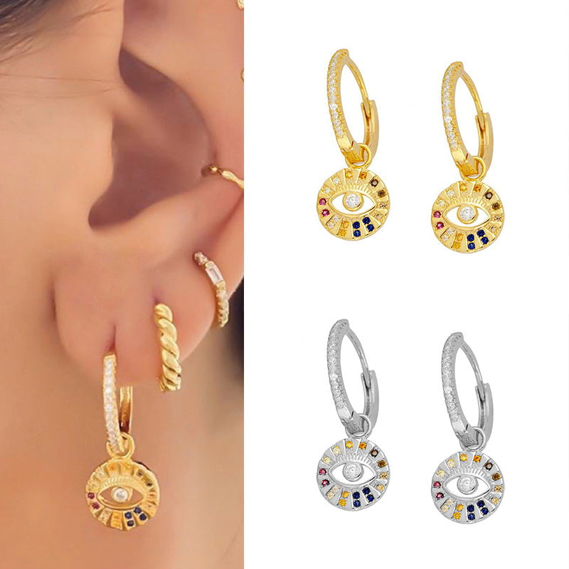 Dainty Gold Plated Sterling Silver Colorful CZ Evil Eye Hoop Earrings GLAMOUR CHICCASTLE