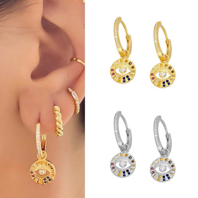 Dainty Gold Plated Sterling Silver Colorful CZ Evil Eye Hoop Earrings GLAMOUR CHICCASTLE
