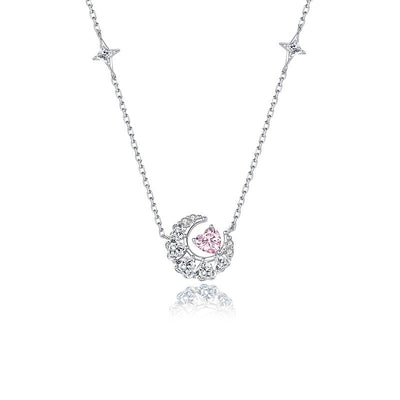 Dainty Sterling Silver CZ Crystal Rose Quartz Heart Moon Necklace GLAMOUR CHICCASTLE