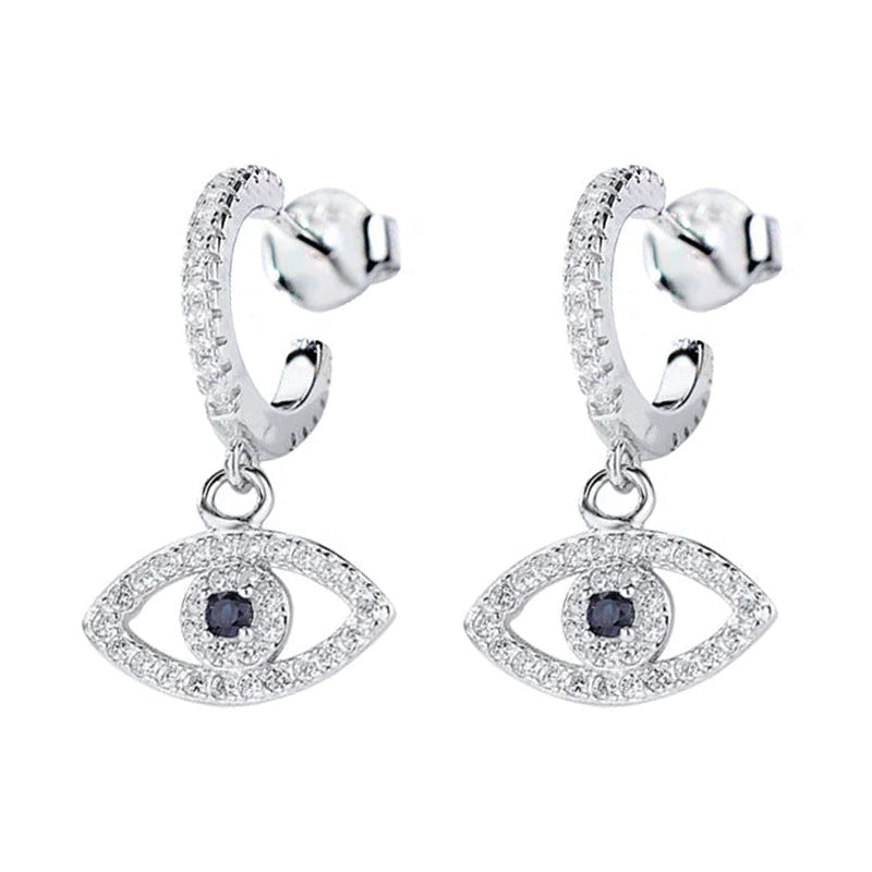 Sterling Silver Cubic Zirconia Evil Eye Hoop Earrings