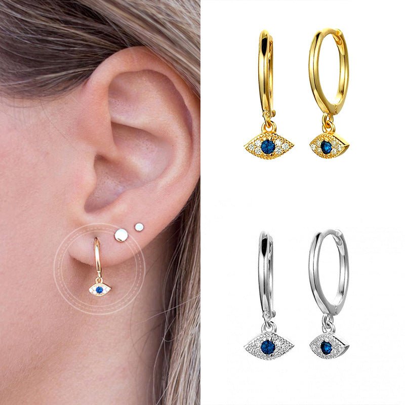 Gold Plated Blue CZ Evil Eye Earrings Huggie Hoop Earrings GLAMOUR CHICCASTLE