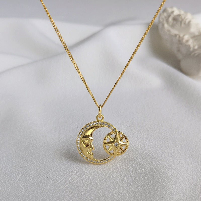 Gold Sterling Silver Nocturnal Power Gold Moon and Star Pendant Necklace GLAMOUR CHICCASTLE