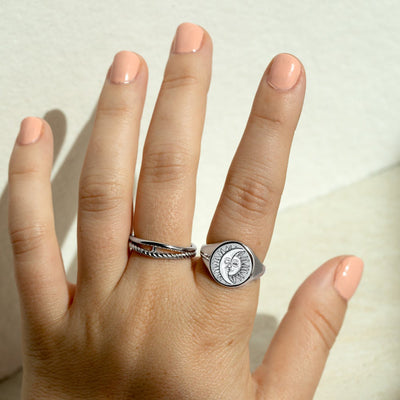 Matching Smiley Face Sun And Moon Ring Silver Signet Ring