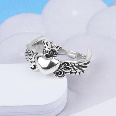 Sterling Silver Heart Crown Ring Heart Wing Band Open Ring