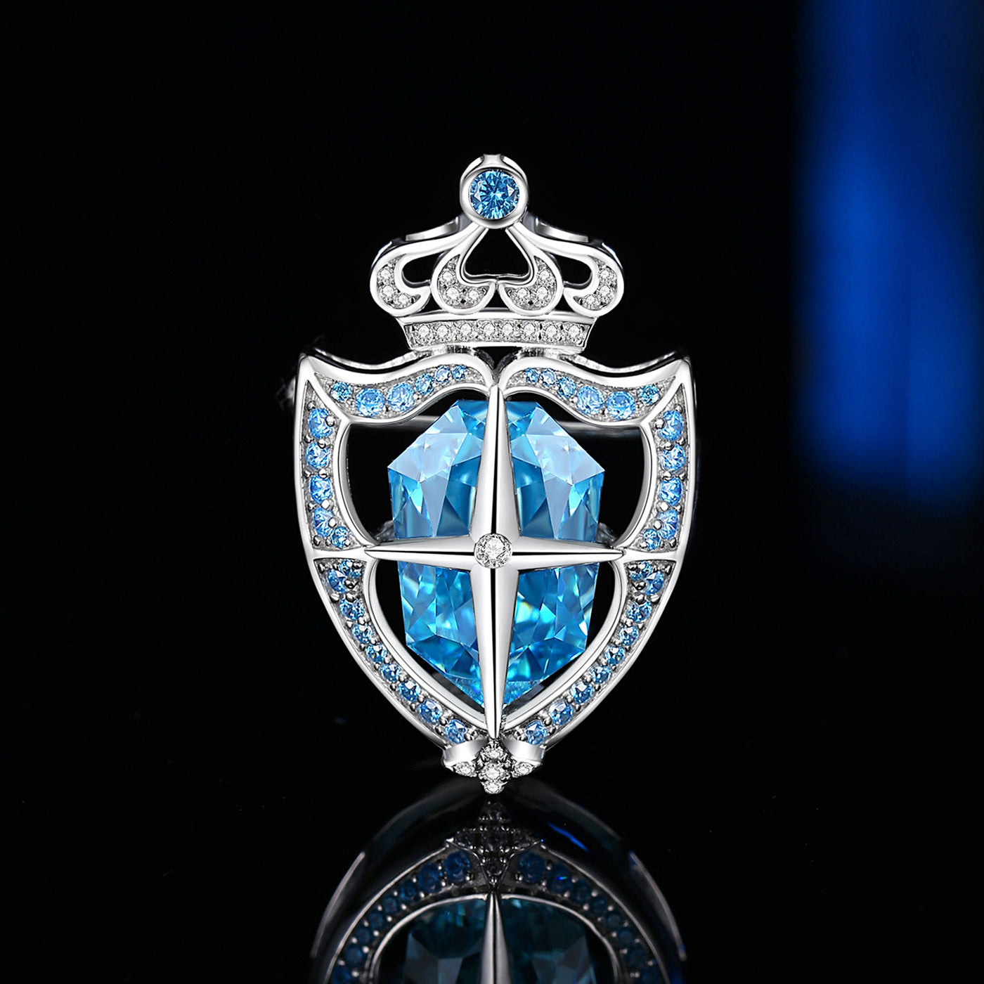 Sterling Silver Blue Rhinestone Crown Brooch