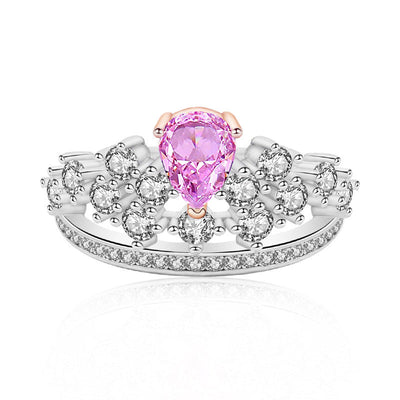 Rose Quartz Heart CZ Diamond Sterling Silver Royal Crown Ring Princess Tiara Ring GLAMOUR CHICCASTLE