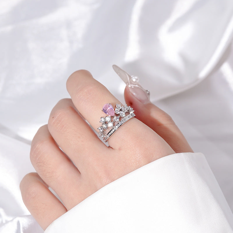 Rose Quartz Heart CZ Diamond Sterling Silver Royal Crown Ring Princess Tiara Ring GLAMOUR CHICCASTLE