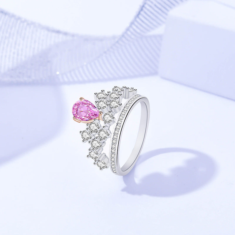 Rose Quartz Heart CZ Diamond Sterling Silver Royal Crown Ring Princess Tiara Ring GLAMOUR CHICCASTLE