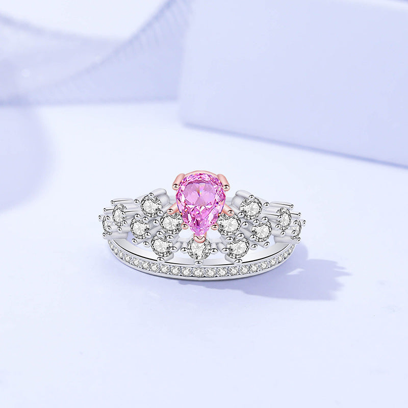 Rose Quartz Heart CZ Diamond Sterling Silver Royal Crown Ring Princess Tiara Ring GLAMOUR CHICCASTLE