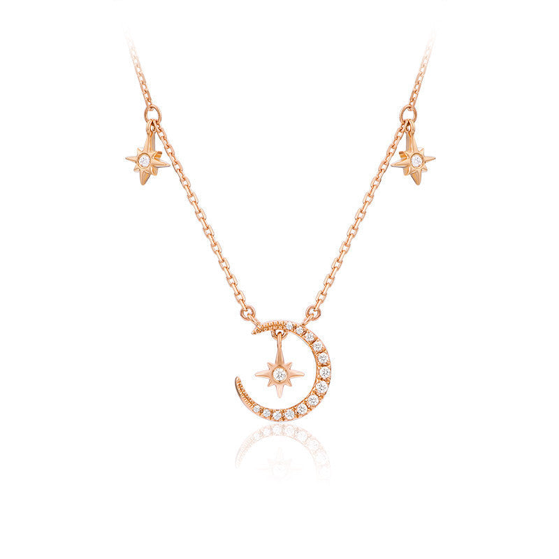 S925 Sterling Silver Crescent Moon and Star CZ Pendant Necklace GLAMOUR CHICCASTLE