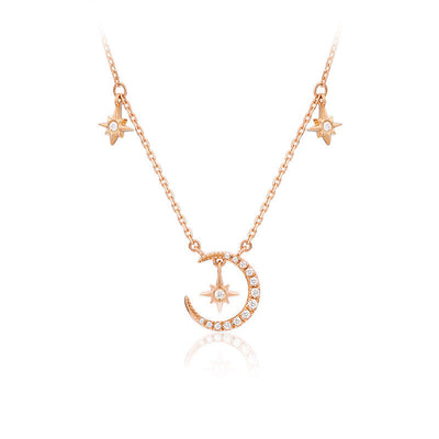 S925 Sterling Silver Crescent Moon and Star CZ Pendant Necklace GLAMOUR CHICCASTLE