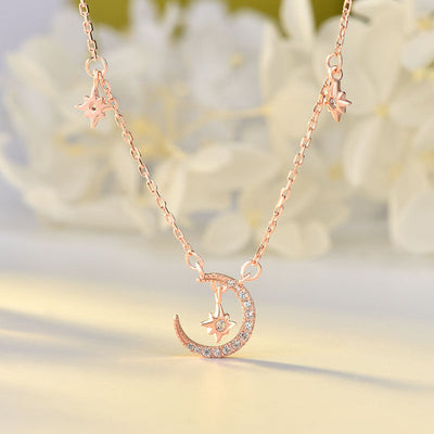 S925 Sterling Silver Crescent Moon and Star CZ Pendant Necklace GLAMOUR CHICCASTLE