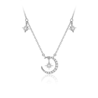 S925 Sterling Silver Crescent Moon and Star CZ Pendant Necklace GLAMOUR CHICCASTLE