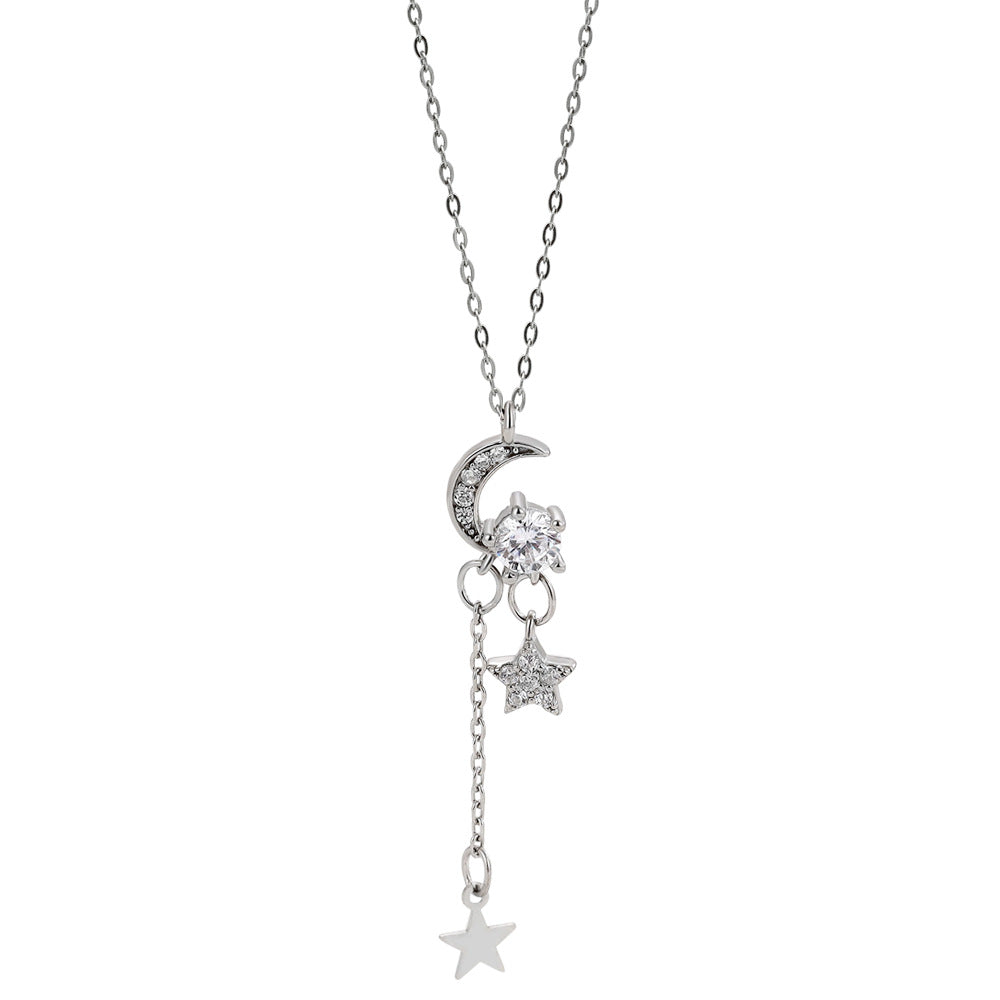 Sterling Silver Cubic Zirconia Crescent Moon And Star Necklace GLAMOUR CHICCASTLE