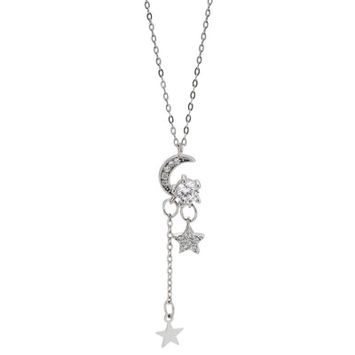 Sterling Silver Cubic Zirconia Crescent Moon And Star Necklace GLAMOUR CHICCASTLE