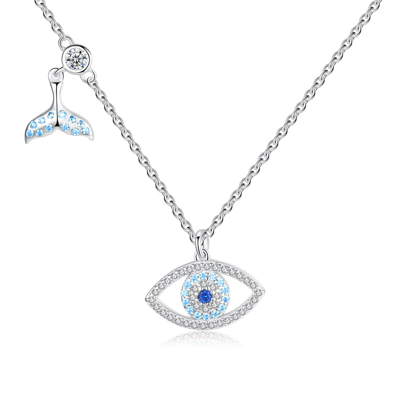 Sterling Silver Cubic Zirconia Evil Eye Necklace with Fish Tail Chain GLAMOUR CHICCASTLE