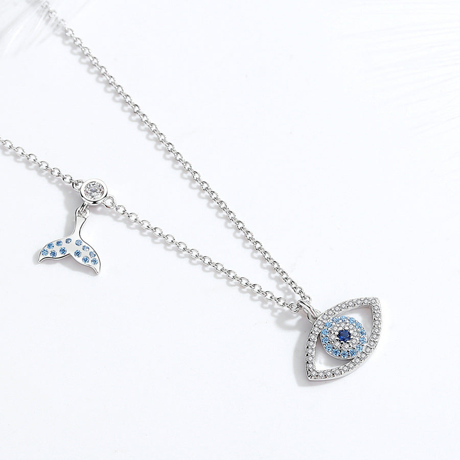 Sterling Silver Cubic Zirconia Evil Eye Necklace with Fish Tail Chain GLAMOUR CHICCASTLE