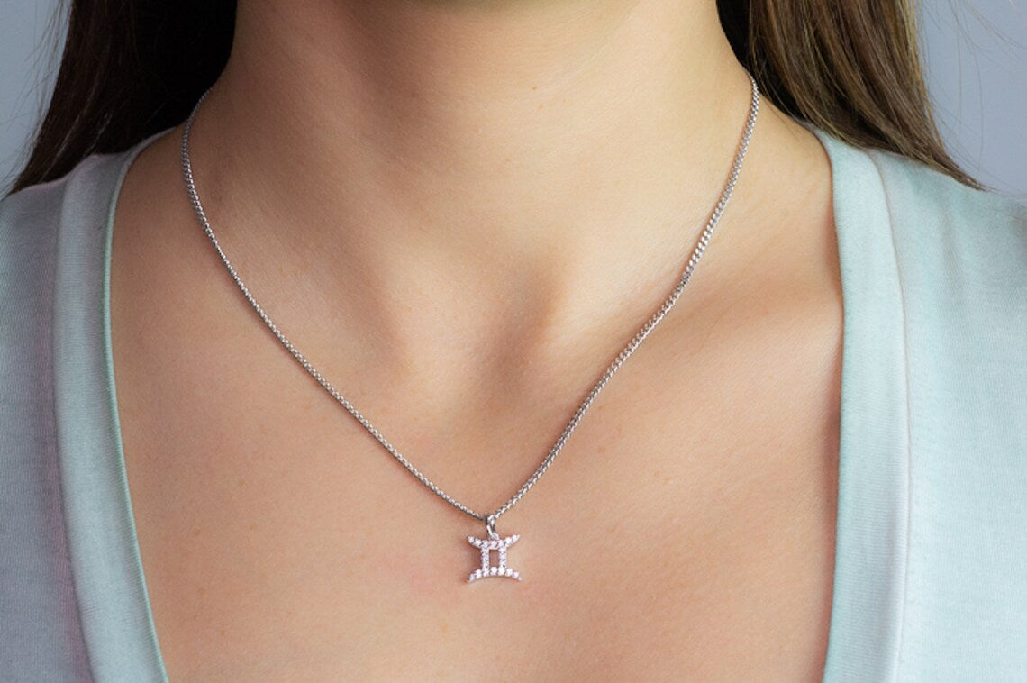 Sterling Silver Gold Plated Cube Diamond Zodiac Necklace Birthday Horoscope Necklace GLAMOUR CHICCASTLE