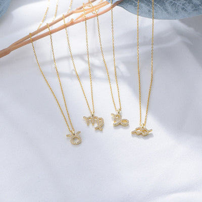 Sterling Silver Gold Plated Cube Diamond Zodiac Necklace Birthday Horoscope Necklace GLAMOUR CHICCASTLE